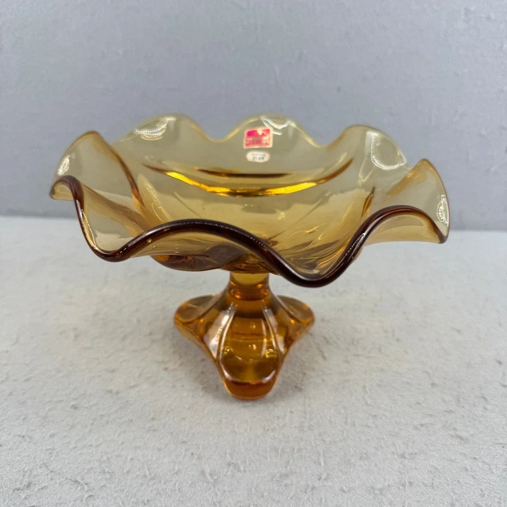 Viking Glass 7107 Amber Ruffled Hand Made Three Footed Compote Bowl‎ MCM